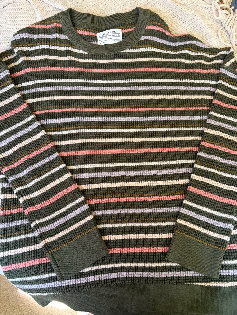 REI Striped Olive, Pink & Lavender waffle Knit Sweater cotton (size L)